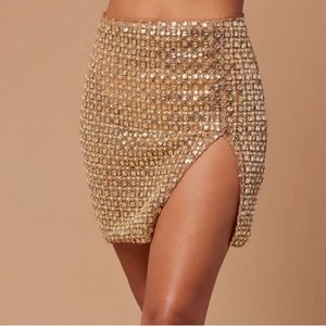 Fashion Nova Gold Jeweled Mini Skirt with Side Slit